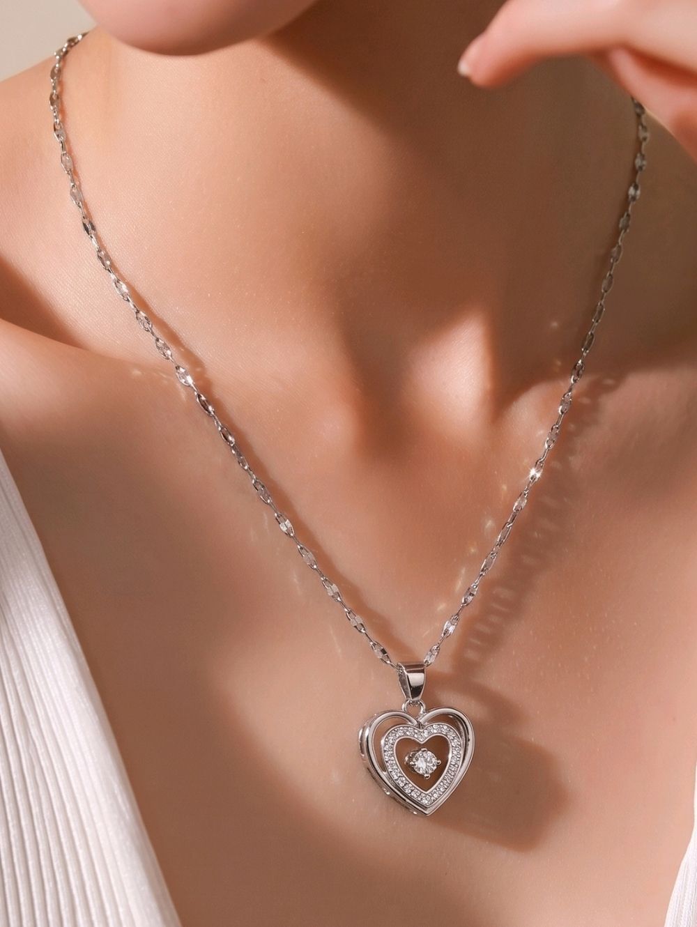 Silver Double Heart CZ Pendant Necklace – Stainless Steel Classy Elegant Minimal